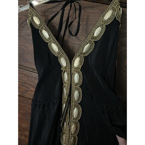 Asa Kaftans Black Gold Beading Halter Dress w/ Double Tie Front Robe Sz L / XL - Picture 3 of 16